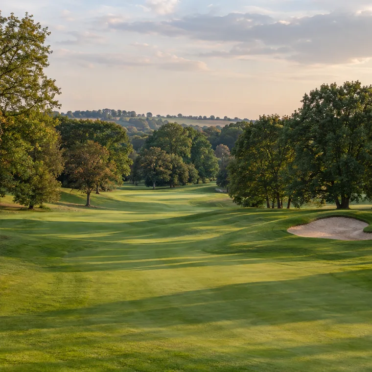 Illustrative parkland golf fairway with a bunker and mature trees